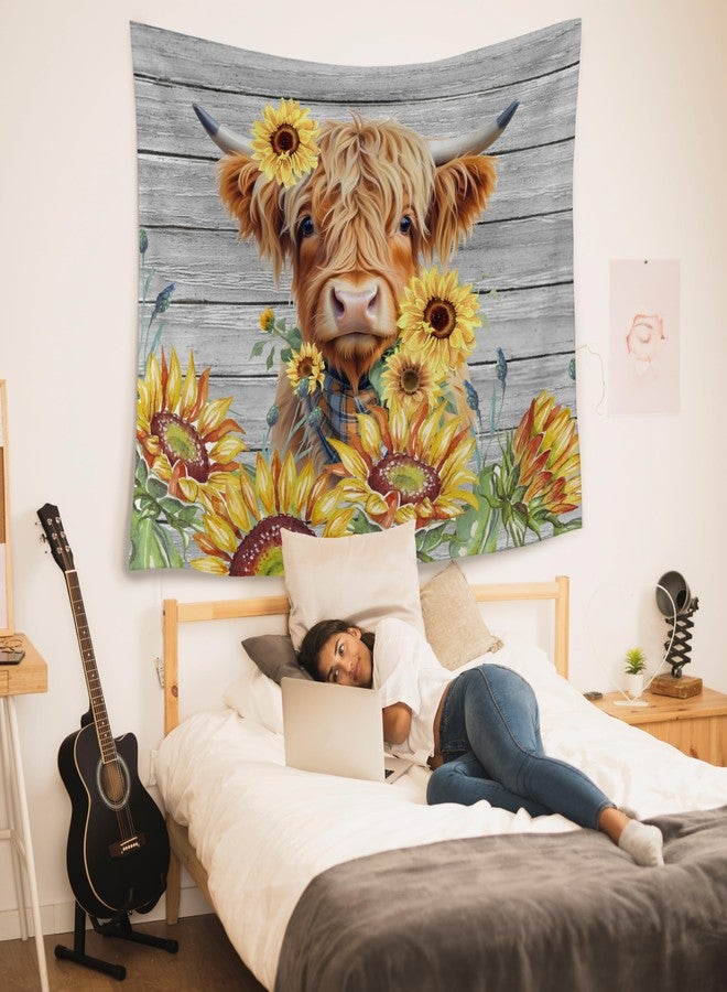 HUGANE Farmhouse Highland Cow Sunflower Tapestry, Rustic Sunflower Country Scottish Cow Wall Tapestries, Cute Highland Cattle Hanging Wall Decor for Bedroom Living Room Home, 50x60 Inch - Image 5